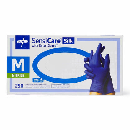 Medline SensiCare Silk Nitrile Exam Gloves, Disposable Gloves with Smartguard Film, Medium, Blue (Pack of 250)