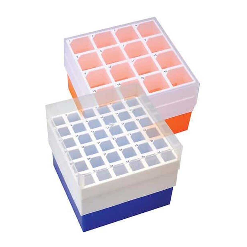 Argos R0050 Orange Polypropylene 16 Place Centrifuge Tube Freezer Storage Box with Clear Lid for 50mL Centrifuge Tubes, 5-3/4" Length x 5-3/4" Width x 4-7/8" Height (Pack of 2)
