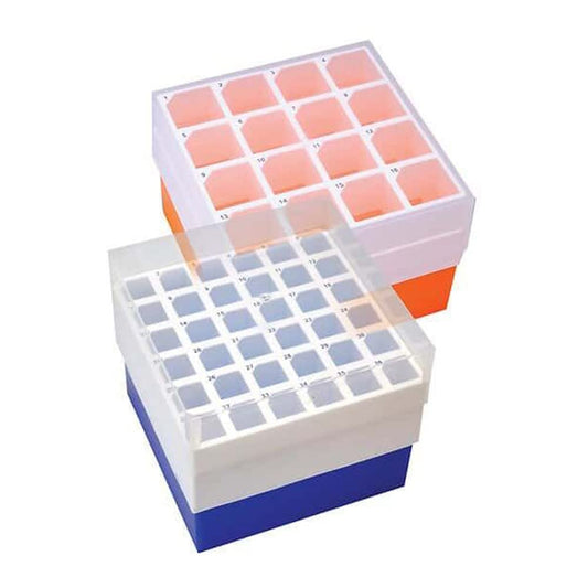 Argos R0050 Orange Polypropylene 16 Place Centrifuge Tube Freezer Storage Box with Clear Lid for 50mL Centrifuge Tubes, 5-3/4" Length x 5-3/4" Width x 4-7/8" Height (Pack of 2)