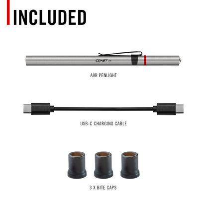 Coast® A9R 54 Lumen Rechargeable Inspection Beam LED Penlight with Flex Charge and Charging Cap, Silver