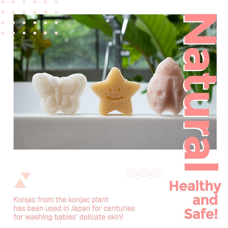myHomeBody Konjac Baby Sponge for Bathing, Cute Shapes Natural Kids Bath loofah for Infants, Toddler, Newborns, Safe Plant-Based, 3pc. Set: Butterfly, Ladybug, Star