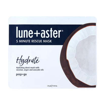 Lune+Aster 5 Minute Rescue Mask - Hydrate | Deeply Hydrating Sheet Mask with Hyaluronic Acid, Coconut, Argan and Avocado Oils. Made in Korea.