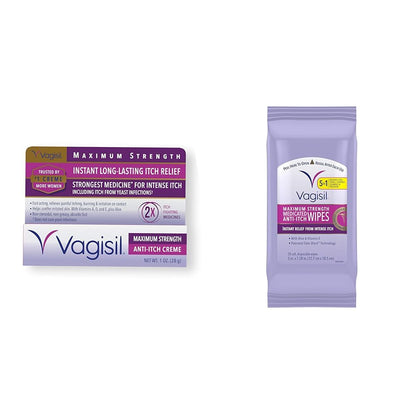 Vagisil Maximum Strength Feminine Anti-Itch Cream & Wipes with Benzocaine for Women, Instant Relief, 20 Wipes (Pack of 1)