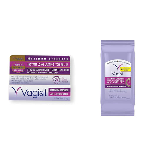 Vagisil Maximum Strength Feminine Anti-Itch Cream & Wipes with Benzocaine for Women, Instant Relief, 20 Wipes (Pack of 1)