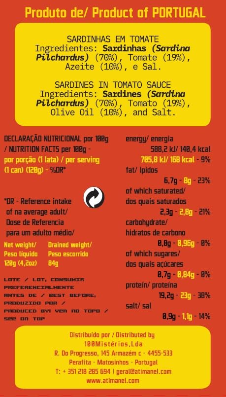Portuguese Sardines Canned in Tomato Sauce | Wild Caught, B Vitamins, Omega-3 | Tinned Fish by Ati Manel | 3-Pack of 120g Cans