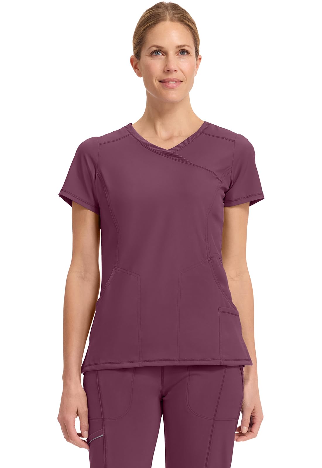 Cherokee Infinity Womens Mock Wrap Scrub Top, 4 Pockets, Rib-Knit Panel, Moisture-Wicking 360° Stretch - 2625A