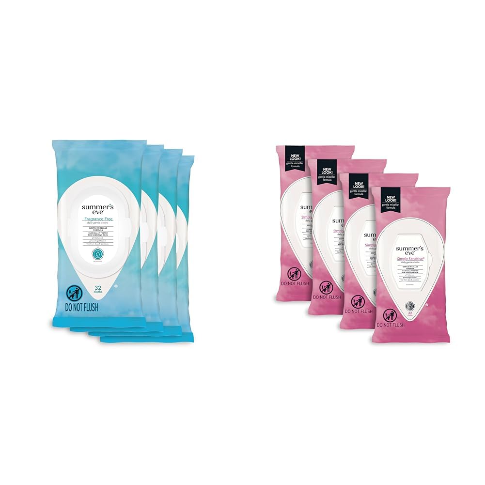 Summer's Eve Fragrance Free and Simply Sensitive Gentle Daily Feminine Wipes, 32 Count, 4 Pack Bundle