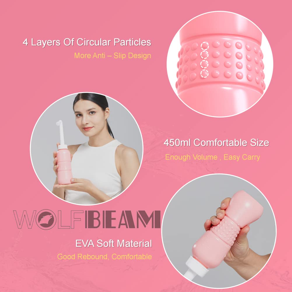 Wolfbeam Portable Hand-held Vulva and Anus Cleaner and Personal Health Vaginal Washing Container, Travel Urinal Spray Scrubber for Personal Hygiene (Pink+Green 450ML)