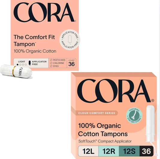 Cora Organic Cotton Tampons | Multipack (Light, Regular, Super Absorbency) & Non-Applicator Ultra-Absorbent Tampons | Eco-Conscious | 72 Total