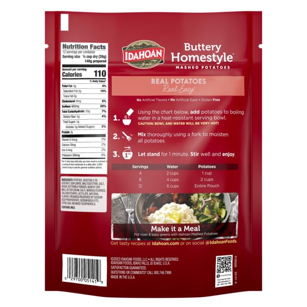 Idahoan Buttery Homestyle Value Size Mashed Potatoes, Naturally Gluten-Free, 100% Real Idaho potatoes, No Artificial Flavors or Dyes, 12 servings per bag, 12 oz (Pack of 8)