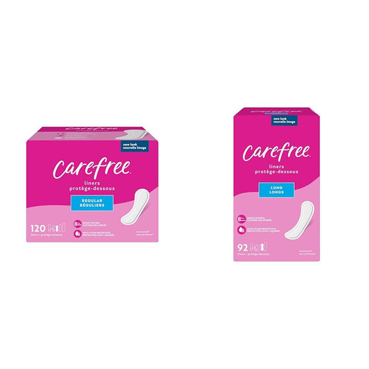Carefree Panty Liners, Regular Liners, Unwrapped, Unscented, 120ct (Packaging May Vary) & Panty Liners, Long Liners, Unwrapped, Unscented, 92ct (Packaging May Vary)