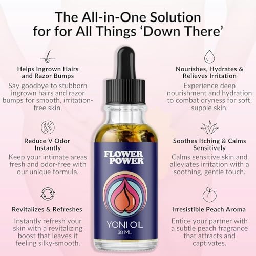 Flower Power Yoni Oil for Vaginal Moisture Support, Nourishing Feminine Care for Vaginal Dryness & Comfort, Blend of Jojoba, Peach Blossom & Sweet Almond Oil for Hydration, Vegan - 30 ml