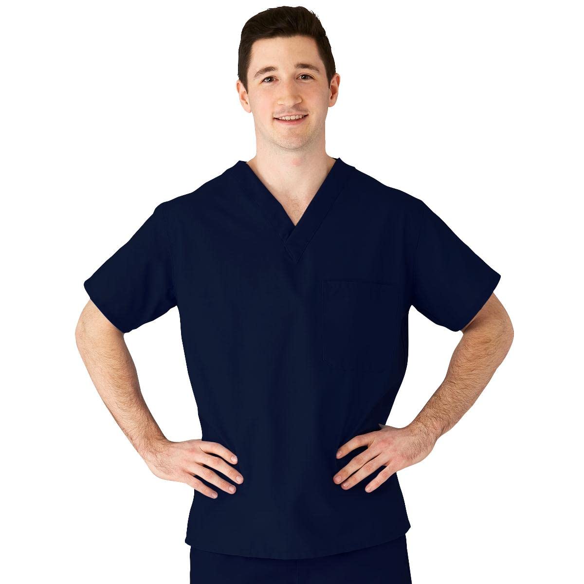 Medline M610NNTL-CM AngelStat Unisex Reversible V-Neck Scrub Top with 2 Pockets, Navy, Color Code, Large