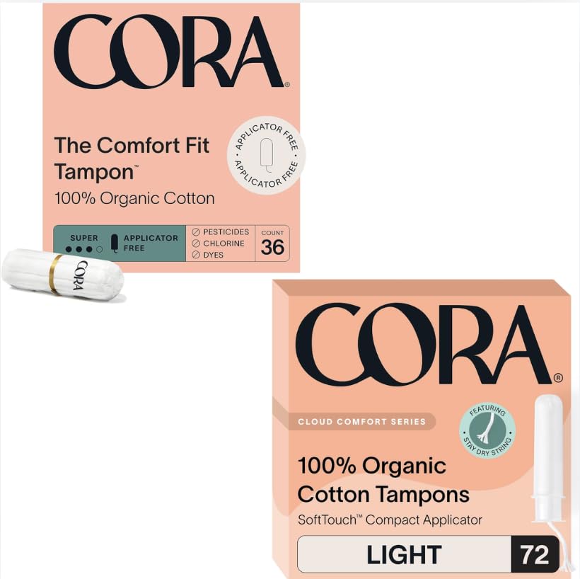 Cora Organic Cotton Tampons | Non-Applicator Ultra-Absorbent S/S+ & Applicator Light Absorbency | Eco-Conscious | 36 S Tampons & 72 Total