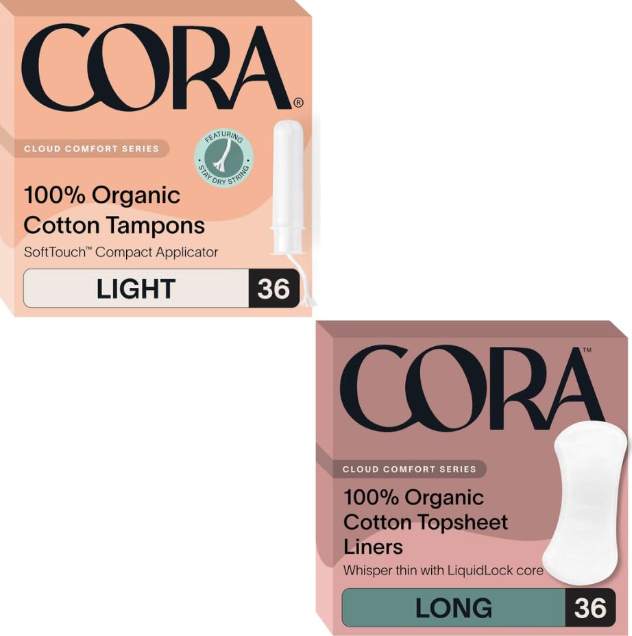 Cora Period Essentials | Organic Cotton Long Liners & Light Absorbency Applicator Tampons | Ultra Thin, Quick Absorbency | Hypoallergenic, Dermatologically Tested | Eco-Conscious | 36 Long Liners & Ta
