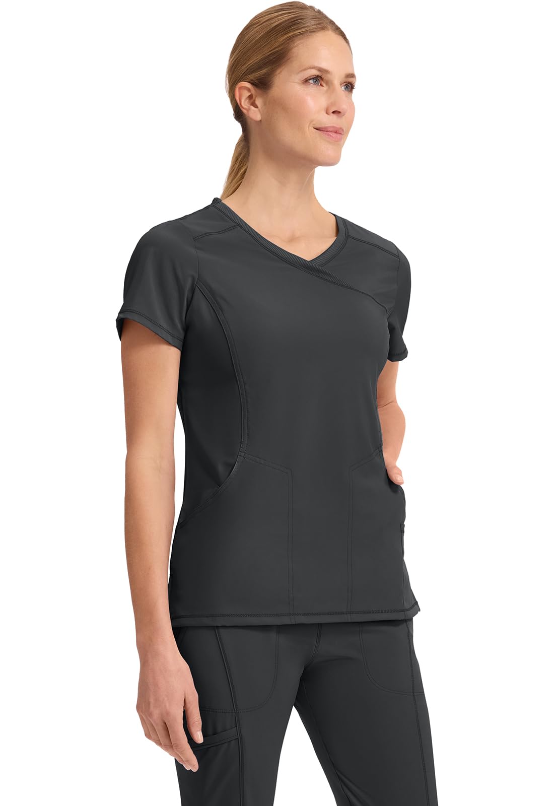 Cherokee Infinity Womens Mock Wrap Scrub Top, 4 Pockets, Rib-Knit Panel, Moisture-Wicking 360° Stretch - 2625A