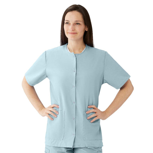 Medline AngelStat Women's Snap-Front Jewel-Neckline Scrub Top, 2 Pockets, Misty, Size 2XL