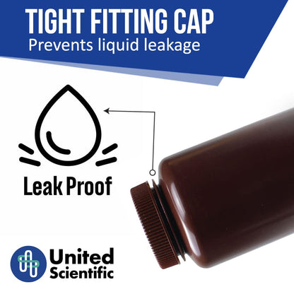 United Scientific® - Sample Containers with Lids - Amber HDPE Wide Mouth Reagent Bottle - Chemical Container - 32 oz Bottles (1000mL) Multi-Purpose Plastic Bottles with Lids, Pack of 6