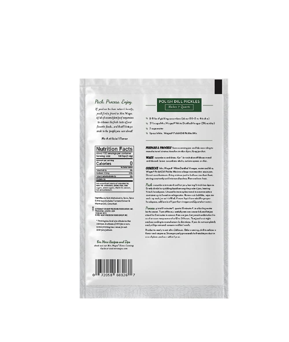 Mrs. Wages Polish Dill Pickles Quick Process Mix, Quick and Easy, Simple-To-Use, Simple Homemade Pickles, Traditional Pickle Flavoring, 6.5 oz Packet (Value Pack of 6)