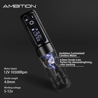 Ambition Soldier Rotary Battery Pen Tattoo Cartridge Machine with 2400mAh Power Japan Coreless Motor Digital LED Display Tattoo Equipment Supply for Professionals and Beginners Tattoo Artists