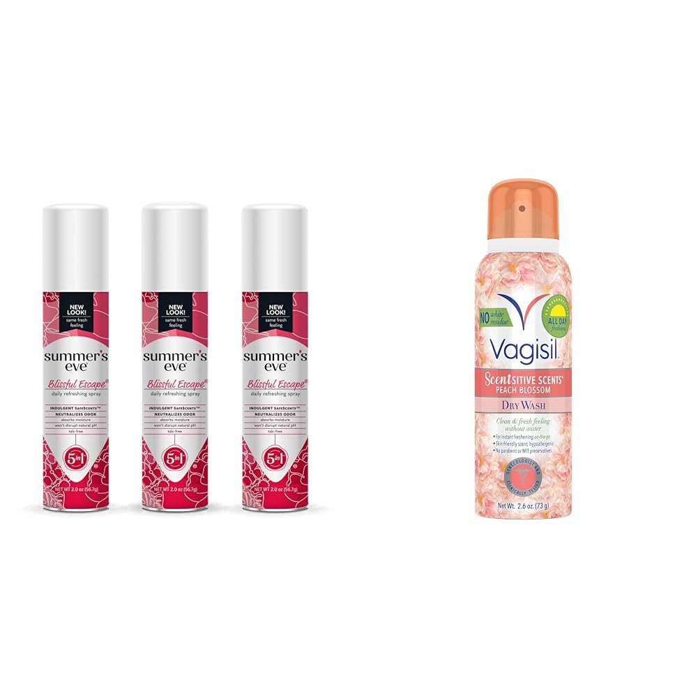 Summer's Eve Blissful Escape Daily Feminine Spray 3 Pack and Vagisil Scentsitive Scents Feminine Dry Wash Spray Peach Blossom 1 Pack
