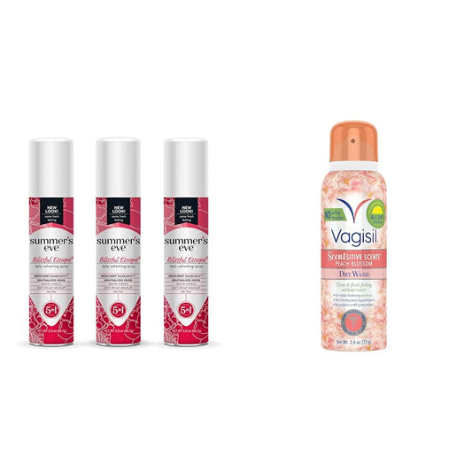 Summer's Eve Blissful Escape Daily Feminine Spray 3 Pack and Vagisil Scentsitive Scents Feminine Dry Wash Spray Peach Blossom 1 Pack