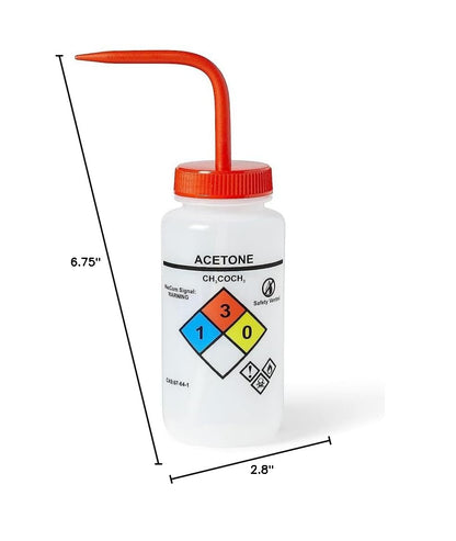 United Scientific™ UniSafe™ Wash Bottle for Acetone, 500mL - Labeled with Color Coded Chemical & Safety Information (4 Colors) - Wide Mouth, Self Venting, Low Density Polyethylene