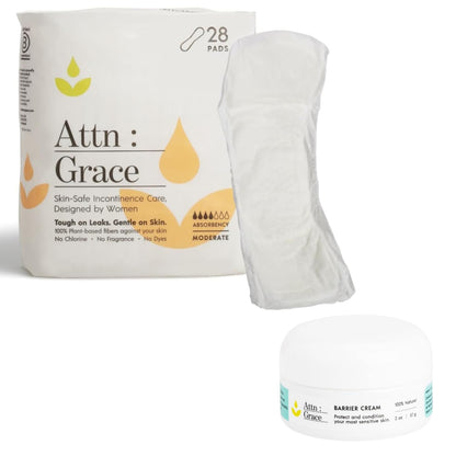 Attn: Grace Moderate Incontinence Pads (28 Pack) & Barrier Cream Combo for Women - Moderate Absorbency | Postpartum Support, Sensitive Skin-Friendly, Breathable, Plant-Based
