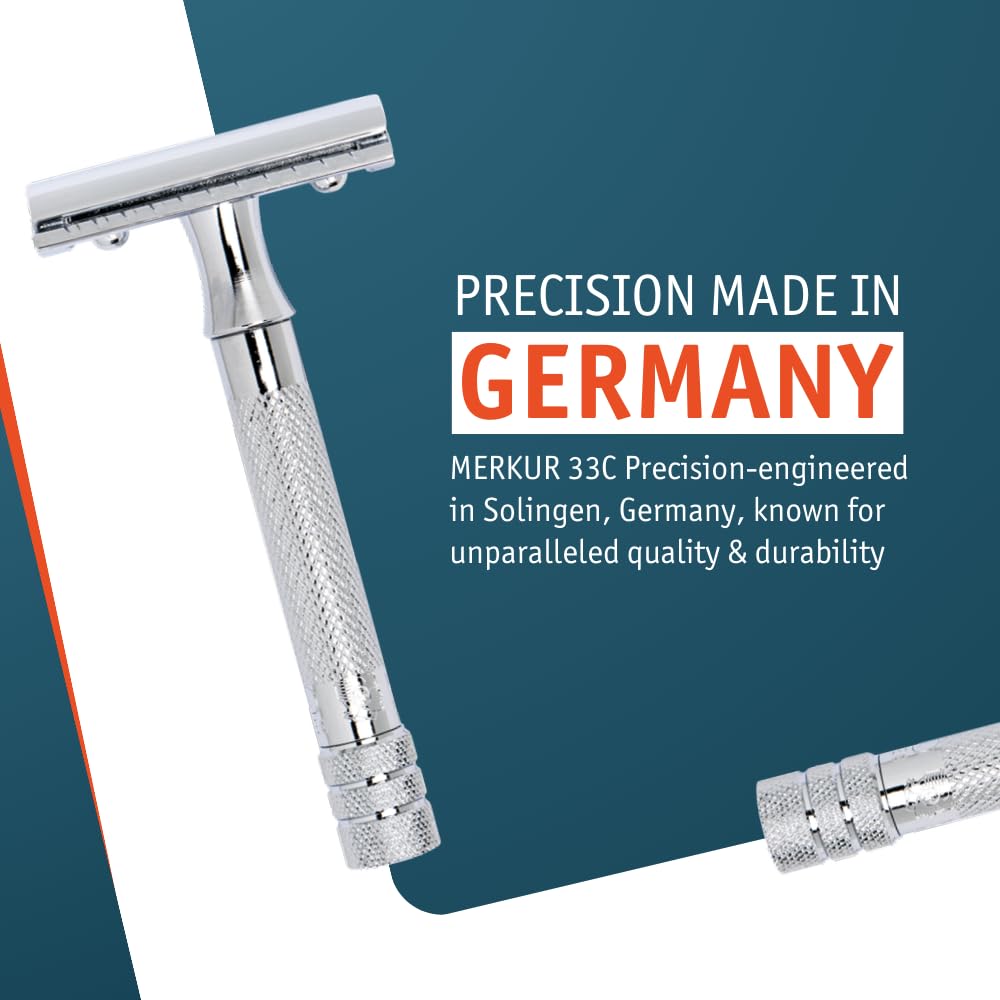 MERKUR 33C Double Edge Safety Razor, Three-Piece Design, Closed Comb, Short Handle, Bright Chrome Finish, Made in Germany