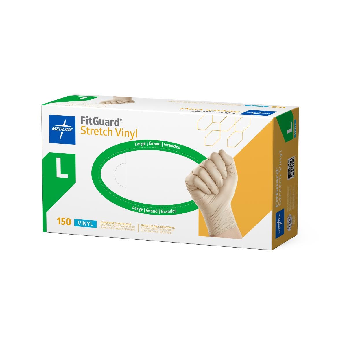 Medline FitGuard Stretch Vinyl Powder-Free Smooth Exam Gloves, Size L