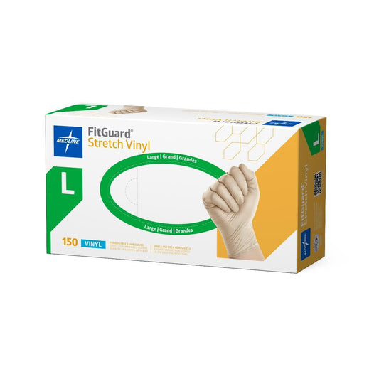 Medline FitGuard Stretch Vinyl Powder-Free Smooth Exam Gloves, Size L