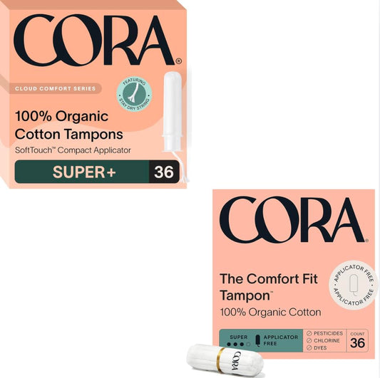 Cora Organic Tampons | Super Plus Absorbency Applicator & Ultra-Absorbent Non-Applicator | 100% Organic Cotton, Unscented, BPA-free | Leak Protection | Eco-Conscious | 72 Total (36 Super Plus & 36 Ult
