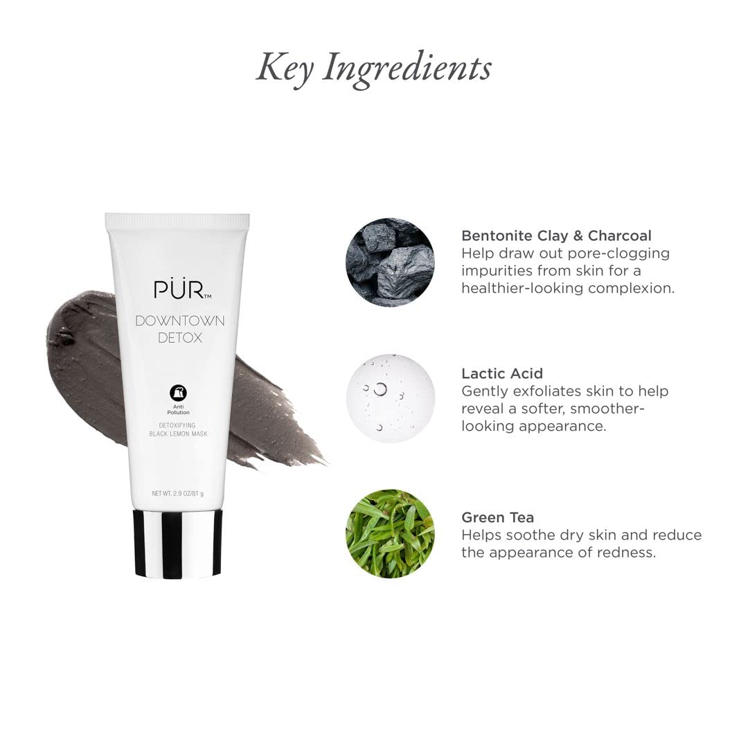 PÜR MINERALS Downtown Detox Detoxifying Black Lemon Face Mask, Helps Draw Out Impurities, Helps Soothe Skin, Charcoal, Lactic Acid & Green Tea Extract