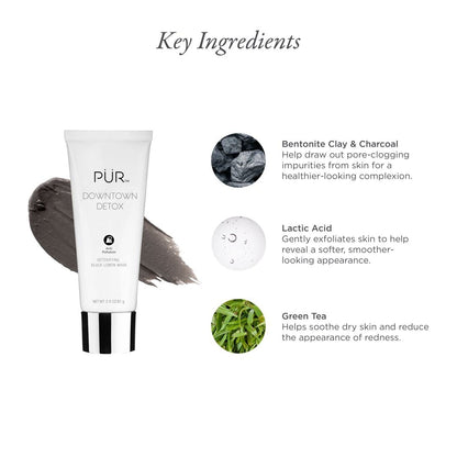 PÜR MINERALS Downtown Detox Detoxifying Black Lemon Face Mask, Helps Draw Out Impurities, Helps Soothe Skin, Charcoal, Lactic Acid & Green Tea Extract
