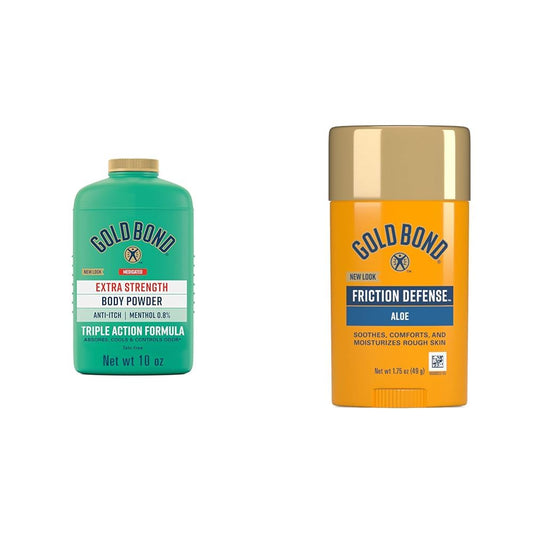 Gold Bond Medicated Talc-Free Extra Strength 10 oz Body Powder & 1.75 oz Friction Defense Stick Bundle for Itch Relief & Skin Protection