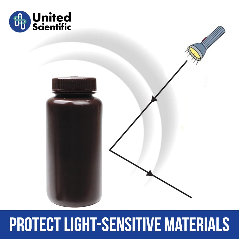 United Scientific® - Sample Containers with Lids - Amber HDPE Wide Mouth Reagent Bottle - Chemical Container - 16 oz Bottles (500mL) Multi-Purpose Plastic Bottles with Lids, Pack of 12