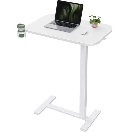 Marsail 28×16" Overbed Table with Wheels and 360° Cup Holder, Height-Adjustable Pneumatic Bedside Table, Mobile Computer Standing Desk for Home Office, White
