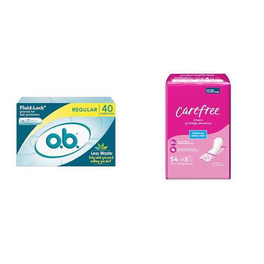 o.b. Tampons | Non-Applicator, Regular, 40ct + Carefree Panty Liners, Regular, Unscented, 54ct