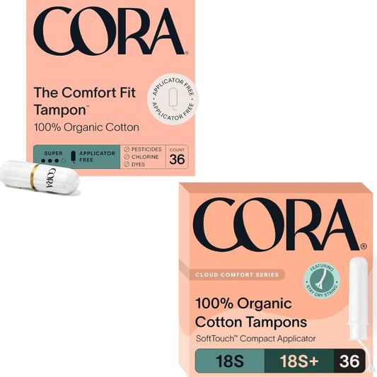 Cora Organic Cotton Tampons | Non-Applicator Ultra-Absorbent S/S+ & Applicator Multipack (18 Super & 18 Super Plus Absorbency) | Eco-Conscious | 72 Total Tampons