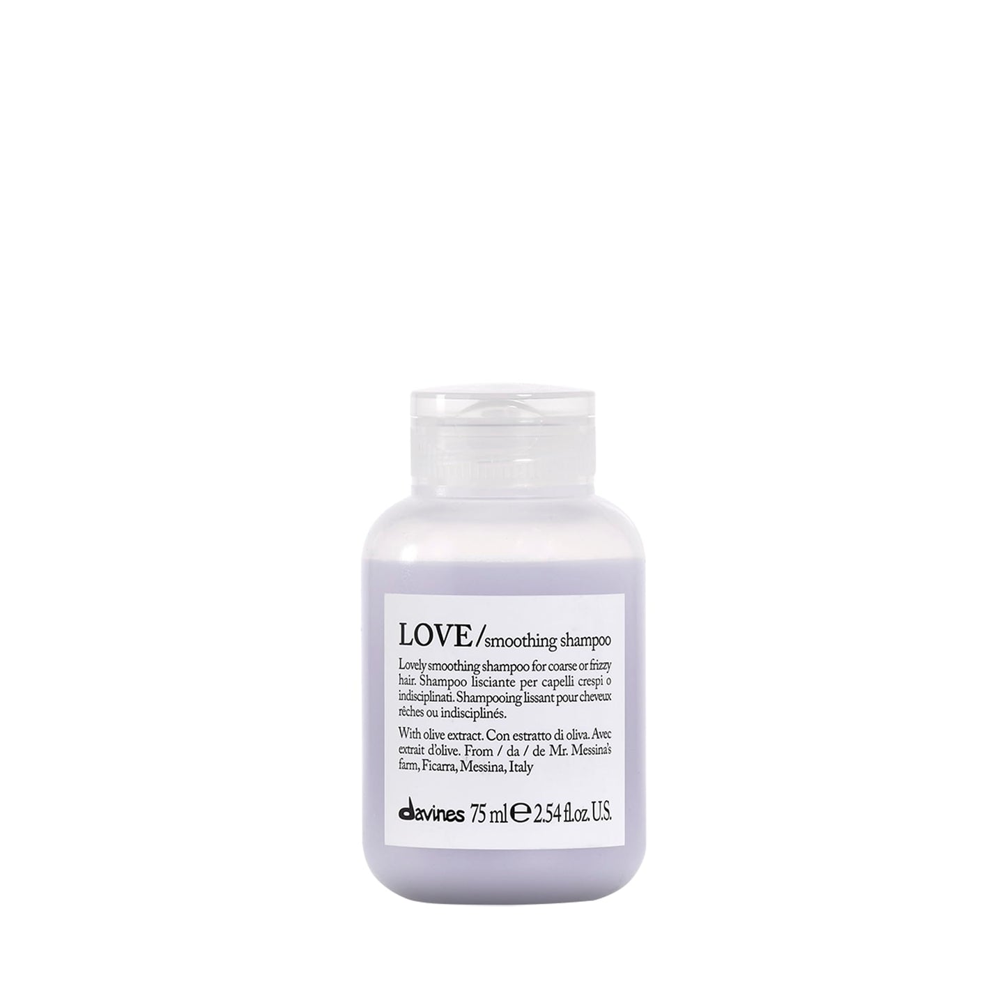 Davines LOVE Smoothing Shampoo, Taming Anti-Frizz Gentle Cleansing Action for Wavy, Unruly, Coarse Hair - Gives Shine, Elasticity, Softness & Sleek Look with Olive Extract, Travel Size, 2.54 Fl Oz