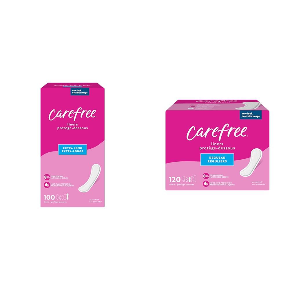 Carefree Panty Liners, Extra Long Liners, Unwrapped, Unscented, 100ct (Packaging May Vary) & Panty Liners, Regular Liners, Unwrapped, Unscented, 120ct (Packaging May Vary)