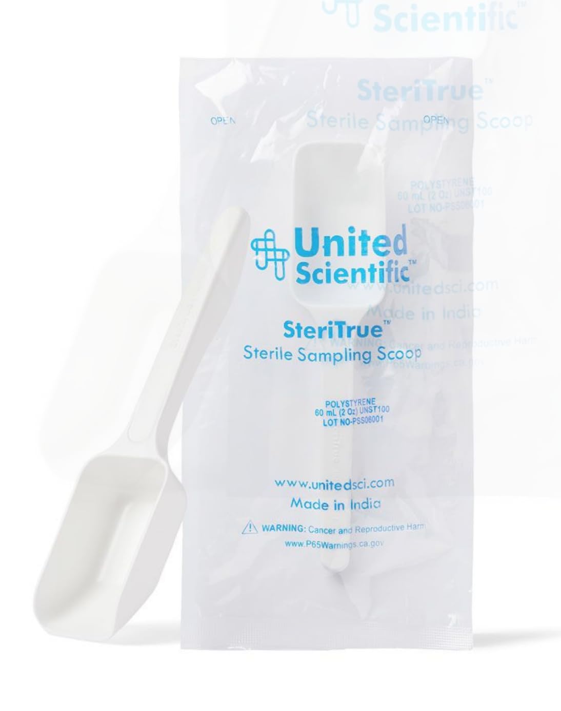 United Scientific™ SteriTrue™ Sterile Sampling Scoops, Polystyrene, 60 mL (2 oz), Individually Bagged, Pack of 100