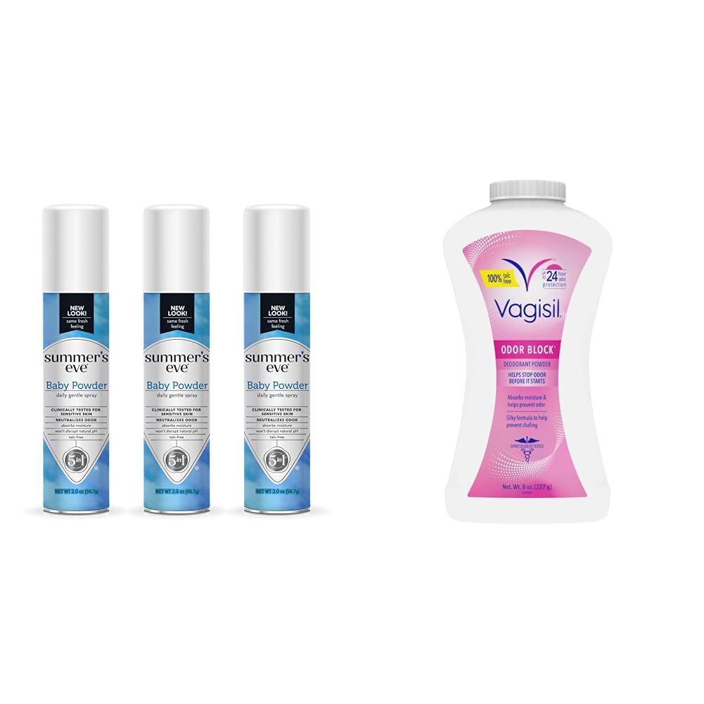 Summer's Eve Baby Powder Spray 3 Pack and Vagisil Odor Block Powder for Women, Helps Prevent Chafing, Talc-Free