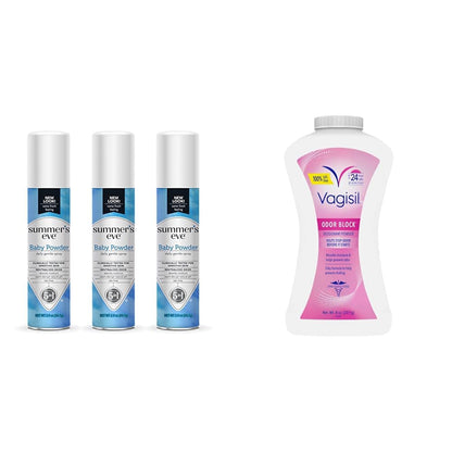 Summer's Eve Baby Powder Spray 3 Pack and Vagisil Odor Block Powder for Women, Helps Prevent Chafing, Talc-Free