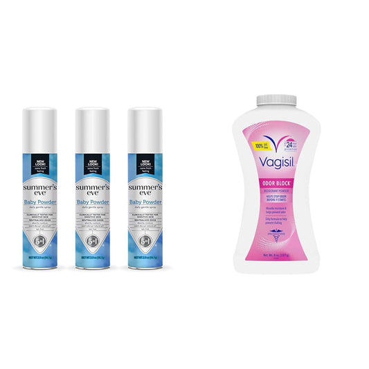 Summer's Eve Baby Powder Spray 3 Pack and Vagisil Odor Block Powder for Women, Helps Prevent Chafing, Talc-Free