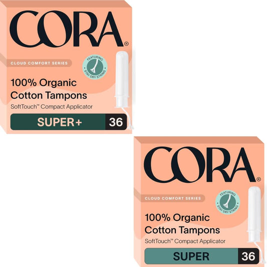 Cora Organic Applicator Tampons | Super Plus & Super Absorbency | 100% Organic Cotton, Unscented, BPA-Free Compact Applicator | Leak Protection, Easy Insertion | Packaging May Vary | 72 Total