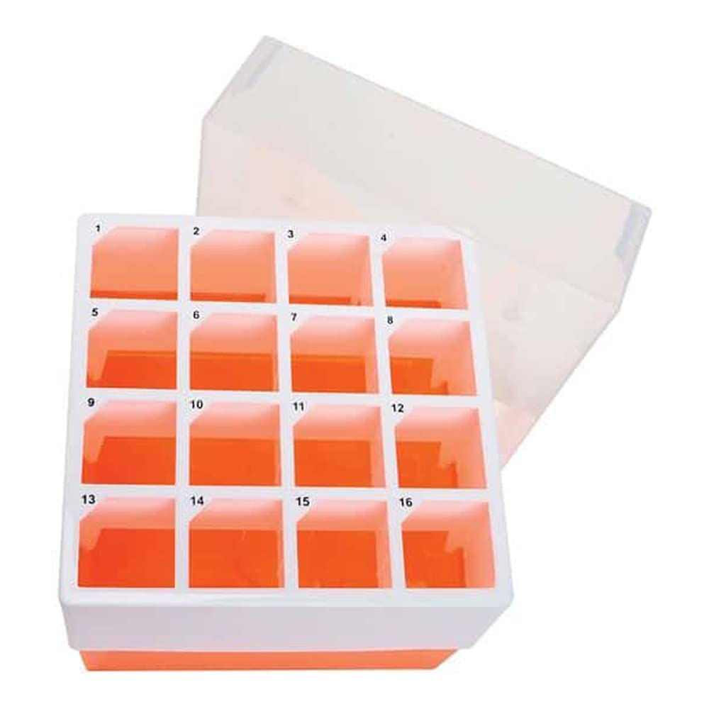 Argos R0050 Orange Polypropylene 16 Place Centrifuge Tube Freezer Storage Box with Clear Lid for 50mL Centrifuge Tubes, 5-3/4" Length x 5-3/4" Width x 4-7/8" Height (Pack of 2)