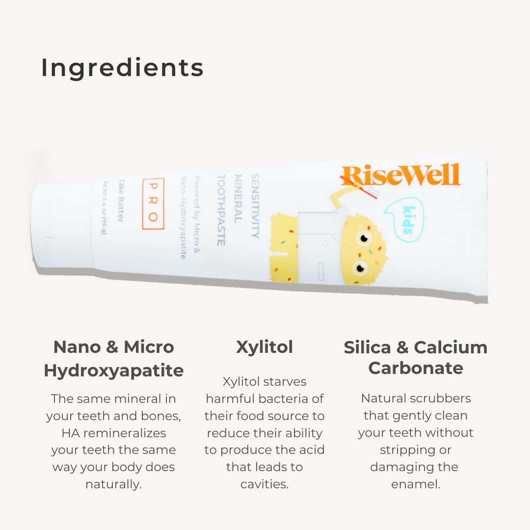 RiseWell PRO Kids Mineral Toothpaste - Micro & Nano Hydroxyapatite Toothpaste Kids - Made in USA, No Added Fluoride, Safe to Swallow & Dentist Developed for Remineralized Teeth (Cake Batter Flavor)
