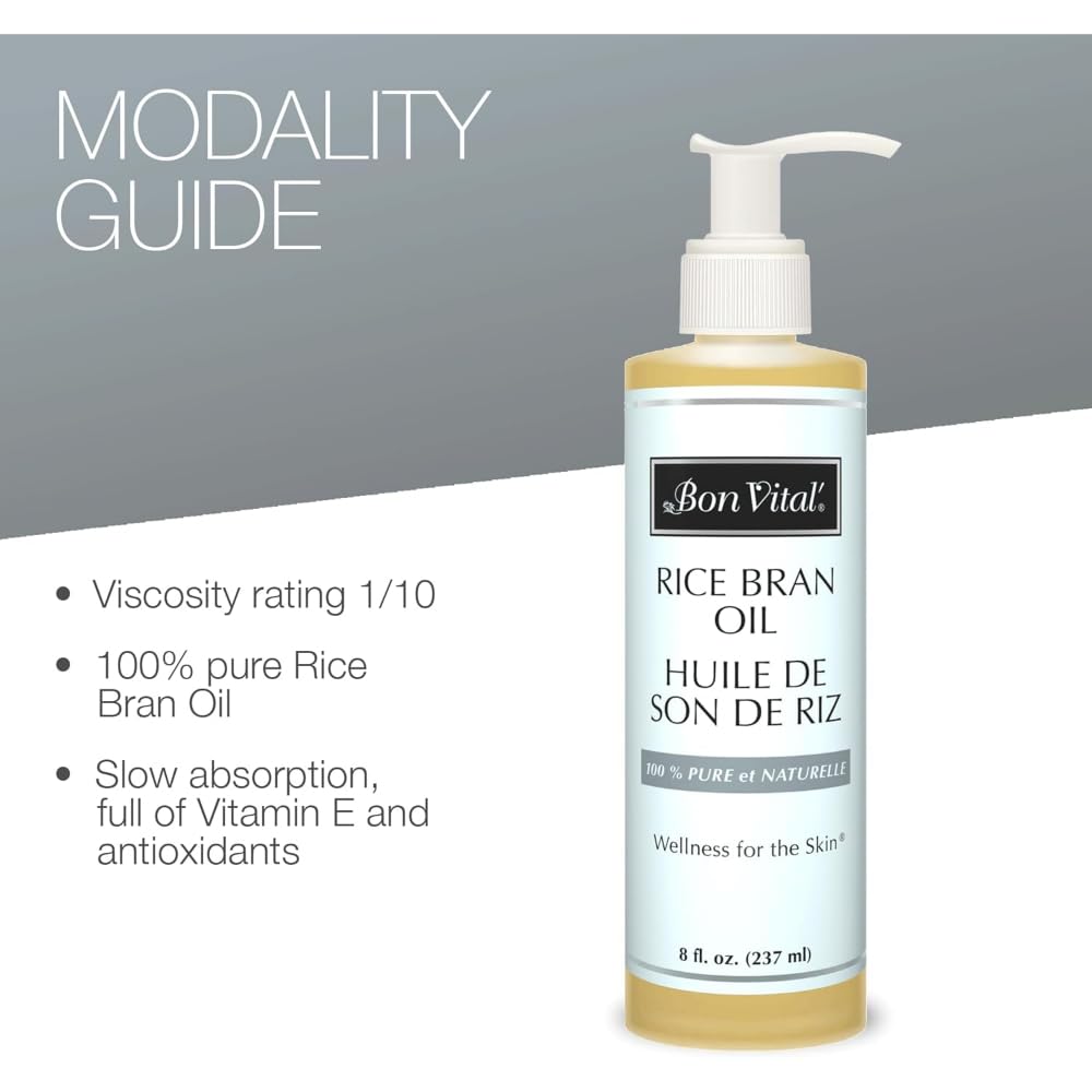 Bon Vital' Rice Bran Oil, 100% Pure and Cold Pressed Carrier Oils for Diffusers, Professional Massage Oil, Best Beauty Secret for Soft & Smooth Skin, Moisturizer & Sore Muscle Relief, 8 Ounce Bottle