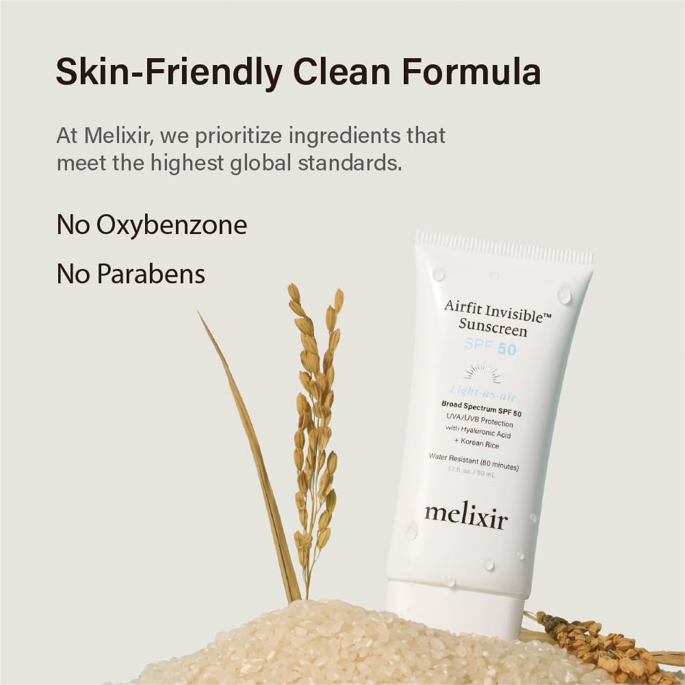 Melixir Airfit Invisible™ Sunscreen SPF 50, Broad Spectrum Korean Rice Sunscreen for Face, Hyaluronic Acid, Moisturizing Daily Protection for Sensitive Skin, No White Cast, Waterproof (1.7fl.oz./50ml) | Korean Rice, Hyaluronic Acid, Broad Spectrum...